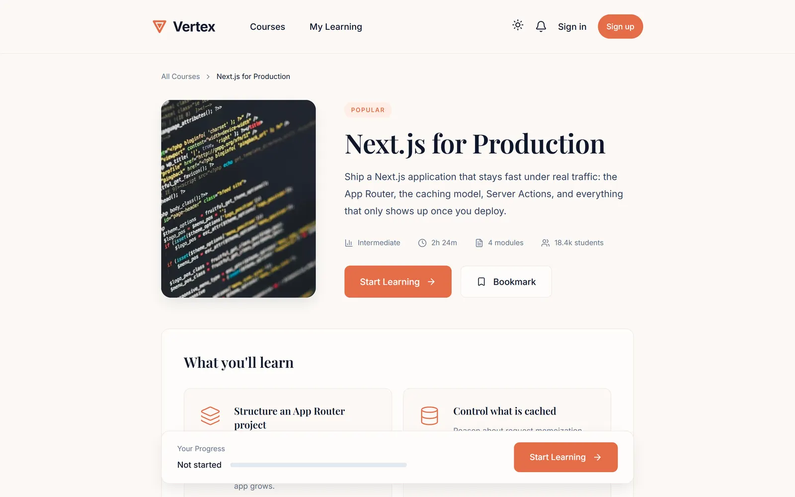 Vertex course page for Next.js for Production with cover image, level, duration, modules, Start Learning button and a progress bar.
