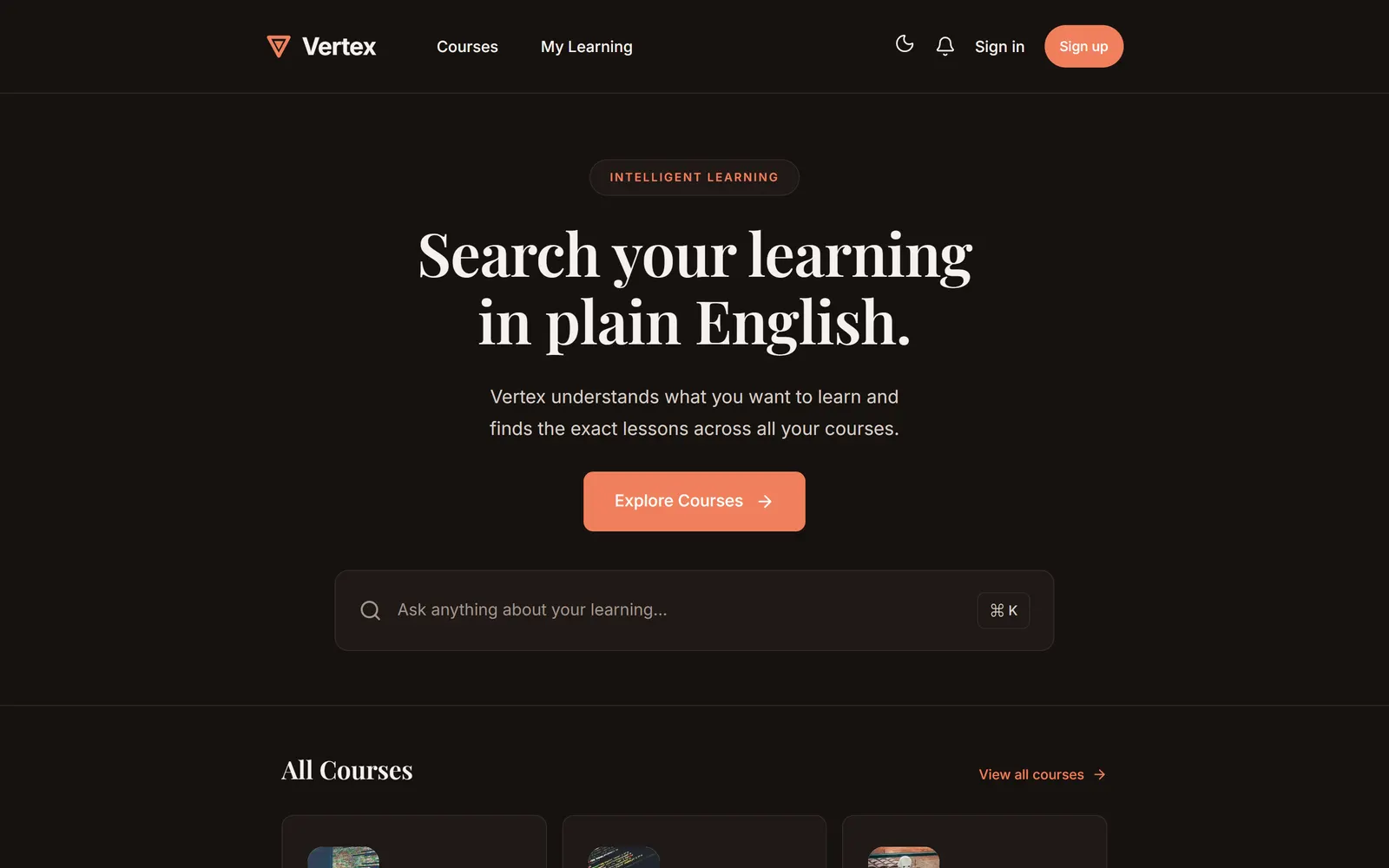 Vertex home page in the dark theme.