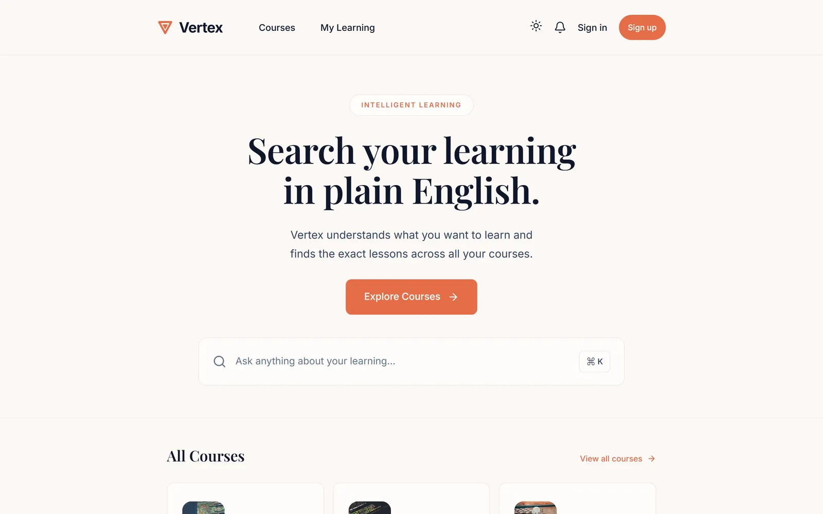 Vertex home page with the headline “Search your learning in plain English.”, an Explore Courses button and a plain-language search box.